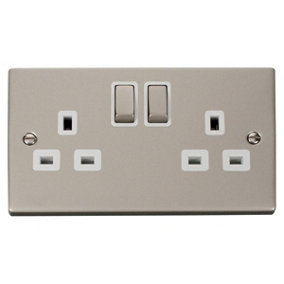 Pearl Nickel 2 Gang 13A DP Ingot Twin Double Switched Plug Socket - White Trim - SE Home