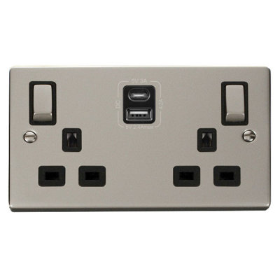 Pearl Nickel 2 Gang 13A DP Ingot Type A & C USB Twin Double Switched