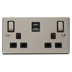Pearl Nickel 2 Gang 13A DP Ingot Type A & C USB Twin Double Switched Plug Socket - Black Trim - SE Home