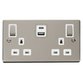 Pearl Nickel 2 Gang 13A DP Ingot Type A & C USB Twin Double Switched Plug Socket - White Trim - SE Home