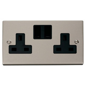 Pearl Nickel 2 Gang 13A Twin Double Switched Plug Socket - Black Trim - SE Home