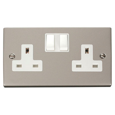 Pearl Nickel 2 Gang 13A Twin Double Switched Plug Socket - White Trim - SE Home