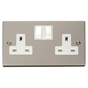 Pearl Nickel 2 Gang 13A Twin Double Switched Plug Socket - White Trim - SE Home