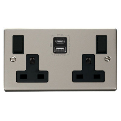 Pearl Nickel 2 Gang 13A Type A & C USB Twin Double Switched Plug Socket ...