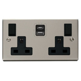 Pearl Nickel 2 Gang 13A Type A & C USB Twin Double Switched Plug Socket - Black Trim - SE Home