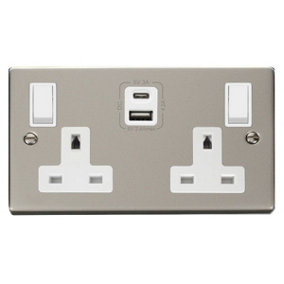 Pearl Nickel 2 Gang 13A Type A & C USB Twin Double Switched Plug Socket - White Trim - SE Home