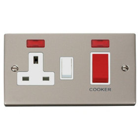 Pearl Nickel Cooker Control 45A With 13A Switched Plug Socket & 2 Neons - White Trim - SE Home