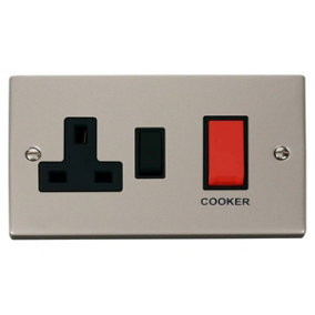 Pearl Nickel Cooker Control 45A With 13A Switched Plug Socket - Black Trim - SE Home