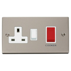 Pearl Nickel Cooker Control 45A With 13A Switched Plug Socket - White Trim - SE Home