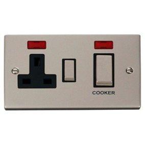 Pearl Nickel Cooker Control Ingot 45A With 13A Switched Plug Socket & 2 Neons - Black Trim - SE Home