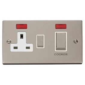 Pearl Nickel Cooker Control Ingot 45A With 13A Switched Plug Socket & 2 Neons - White Trim - SE Home