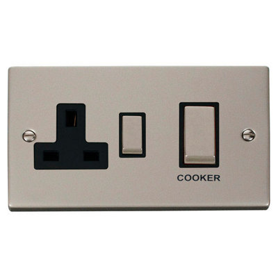 Pearl Nickel Cooker Control Ingot 45A With 13A Switched Plug Socket - Black Trim - SE Home