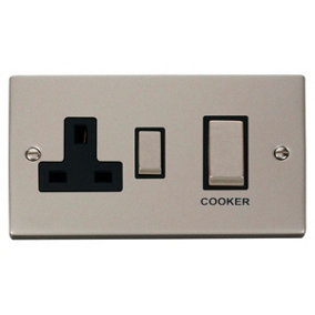 Pearl Nickel Cooker Control Ingot 45A With 13A Switched Plug Socket - Black Trim - SE Home