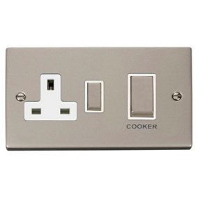 Pearl Nickel Cooker Control Ingot 45A With 13A Switched Plug Socket - White Trim - SE Home
