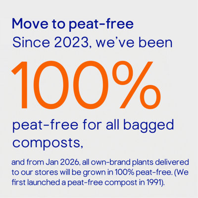 Move to peat-free. Since 2023 we've been 100% peat-free for all bagged composts. And from Jan 2026 all own-brand plants delivered to our stores will be 100% peat-free. (We first launched peat-free compost in 1991).