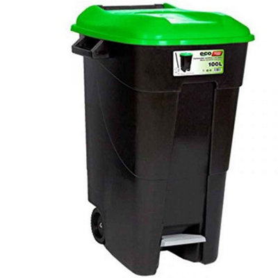 Pedal Operated Wheeled Litter Bin - 100 Litre - Green Lid