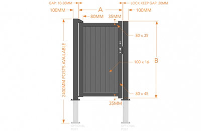 Pedestrian Gate 1200x1800mm Black - Vertical Solid Infill and Flat Top