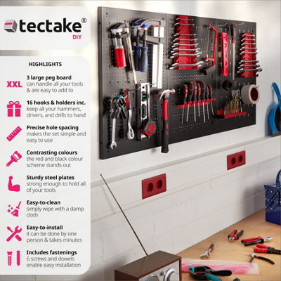 Pegboard - with 25 hooks and brackets, made of steel - black/red