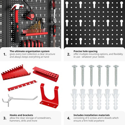 Pegboard - with 25 hooks and brackets, made of steel - black/red
