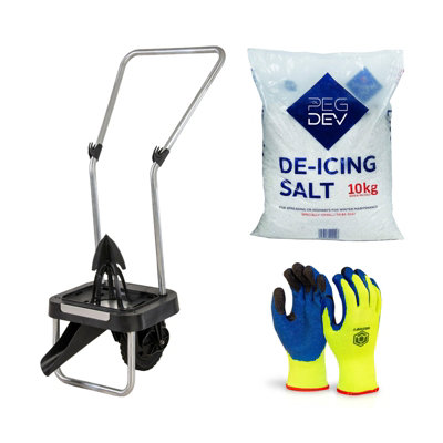 Pegdev - PDL 10kg  Salt White De-Icing Salt & Optio Spreader Bundle - Premium Winter Kit with Latex-Coated Gloves