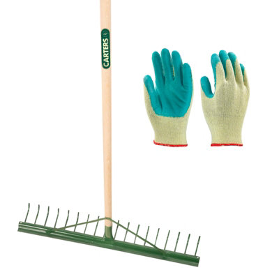 Pegdev - PDL - 18-Tooth Metal Landscape Rake with Grading Bar & Gardening Gloves (Med/Large) - Garden Tool Set.