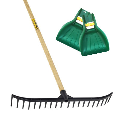 Pegdev - PDL - 20 Tooth Black Bunker Rake with Hardwood Handle & Leaf Scoop Grab Hands - Garden Tool Set.