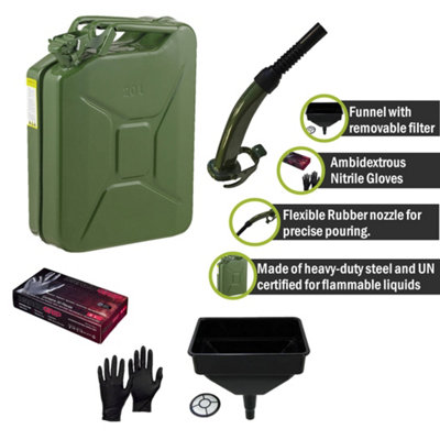 Pegdev - PDL - 20L Heavy Duty Jerry Can with Funnel, Metal Spout & Nitrile Gloves - UN Certified Fuel Container