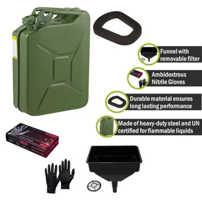 Pegdev - PDL - 20L Heavy Duty Jerry Can with Funnel, Replacement Seal & Nitrile Gloves - UN Certified for Flammable Liquids