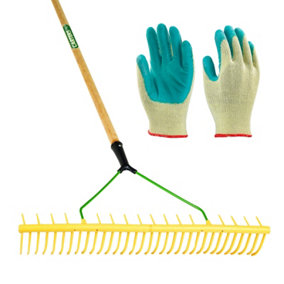Pegdev - PDL - 32 Tooth Polypropylene Landscape Rake with Gardening Gloves - Professional Ground Care Essential Kit.