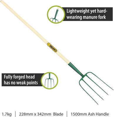 Pegdev PDL Carters 54" Premium Manure Muck Fork - 4 Prong Forged Steel Socket, Hay, Straw. Ash Handle For Heavy Duty