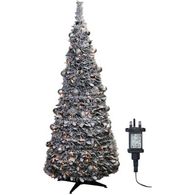 Pegdev - PDL - Christmas Pop-Up Pre-Decorated Tree with 200 LEDs, Frosted Leaves, Silver Baubles, Timer, Stand, 2.1m