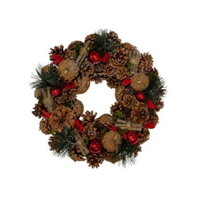 Pegdev - PDL - Cinnamon Stick & Red Bauble Wreath - Festive Christmas Wreath, Indoor/Outdoor Use, 38cm