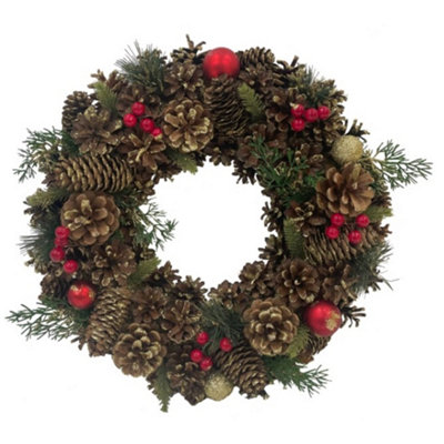 Pegdev - PDL - Festive Red Bauble, Fern & Pine Cone Wreath, Christmas Wreath, Indoor/Outdoor Use, 30cm