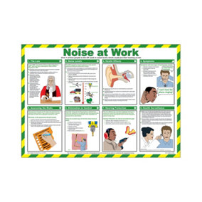 Pegdev - PDL - First Aid Laminated Health & Safety Poster - A2 Landscape, Durable Hazard Sign for Noise at Work.