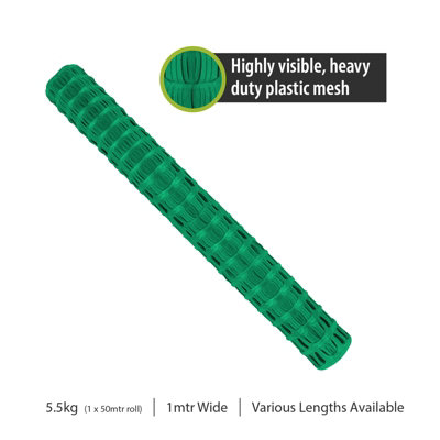 Pegdev - PDL - Highly Durable Green Plastic Barrier Fencing, Mesh with Steel Fence Pins - Heavy Duty Fencing 50 Metres 10 Pins
