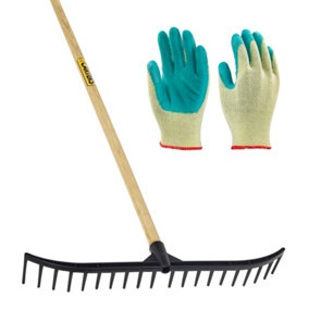 Pegdev - PDL - Professional 20 Tooth Black Bunker Rake with Hardwood Handle & Gardening Gloves - Precision Greenkeeping Combo.
