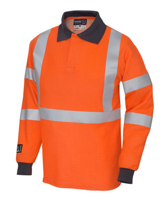 Pegdev - PDL - Progarm Mens Long Sleeve FR ARC HiVis Polo Shirt, Flame Resistant, and Stylish for Industrial Safety (2XL) Orange