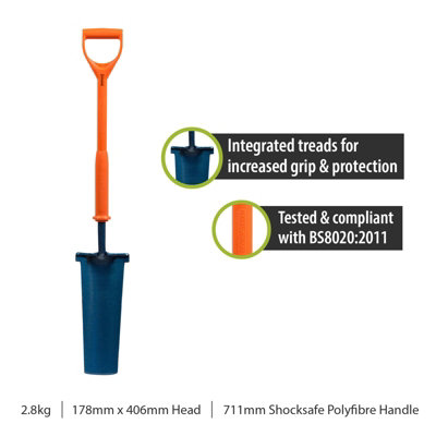 Pegdev - PDL - Shocksafe Insulated Newcastle Drainer Grafter Spade 16" BS8020 Treaded Shovel for Trenches Channels and Post Holes