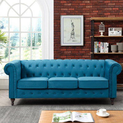 Pelham 207cm Wide Teal Velvet Fabric 3 Seat Chesterfield Sofa In A Box