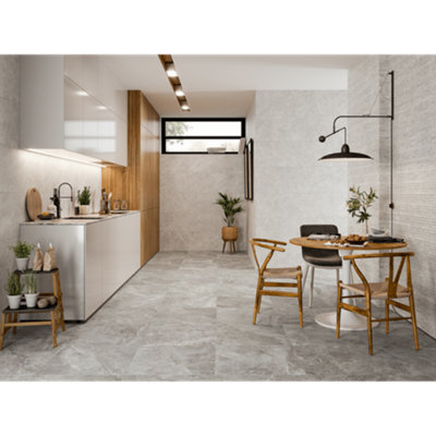 Pembery Grey Rectified Stone Effect 595mm x 595mm Porcelain Wall & Floor Tiles (Pack of 4 w/ Coverage of 1.42m2)