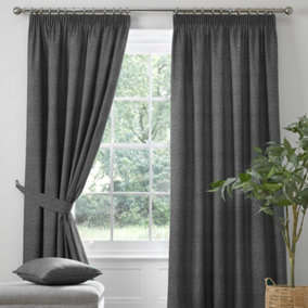 Pembrey Textured Pair of Pencil Pleat Curtains With Tie-Backs
