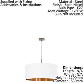 Pendant Ceiling Light Colour Satin Nickel Shade White Copper Fabric Bulb E27 1x60W