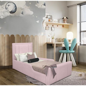 Penelope Kids Bed Gaslift Ottoman Plush Velvet with Safety Siderails- Pink