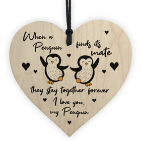 Penguin Gift For Husband Wife Girlfriend Boyfriend Wood Heart Valentines Gift Keepsake