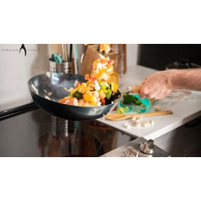 Penguin Home Carbon Steel Non Stick Wok with Sturdy Wooden Handle - 35cm - Chinese Traditional Wok - Induction Safe