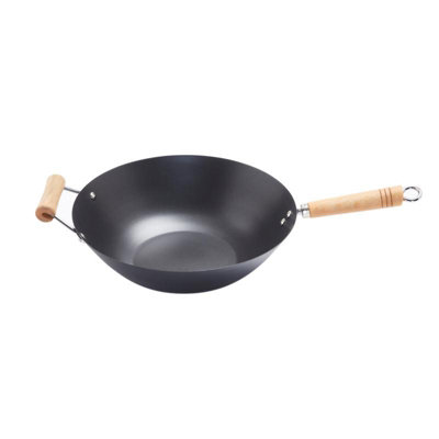 Penguin Home Carbon Steel Non Stick Wok with Sturdy Wooden Handle - 35cm - Chinese Traditional Wok - Induction Safe