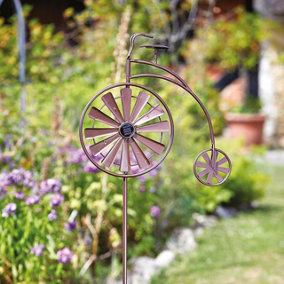Penny Farthing Wind Spinner with Solar Powered LED Lights - Bronze Effect Outdoor Garden Light Up Decoration - H160 x W51 x D7cm