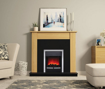 Penshaw Natural Oak/Black Fireplace with Inset Chrome Electric Fire