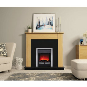 Penshaw Natural Oak/Black Fireplace with Inset Chrome Electric Fire