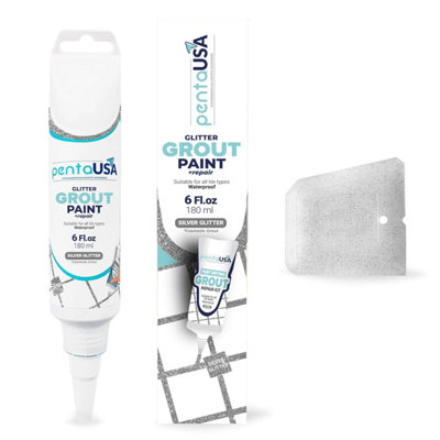 PentaUSA Grout - Grout Repair, Glitter Grout for Tiles, ReadyMixed Grout, Gliterred Shiny Grouting Set with Grout Floater (SILVER)